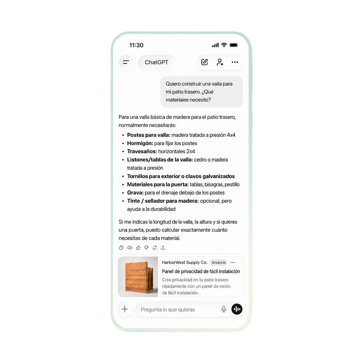 Captura de ChatGPT: una persona pregunta qué materiales necesita para construir una valla y, debajo de la respuesta, aparece un anuncio patrocinado de una tienda de materiales.
